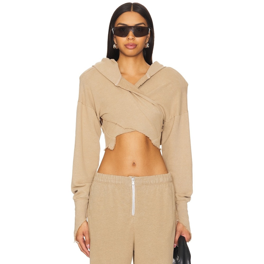 New SAMI MIRO VINTAGE Open Seam Wrap Hoodie in Taupe crop top long sleeve